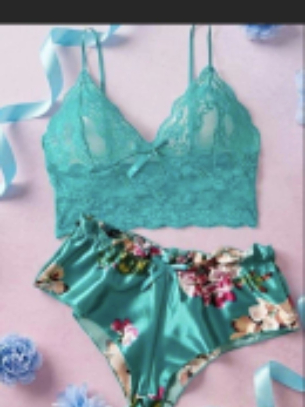 Teal Lace Bandeau Bralette with Floral Satin Shorts - Women’s Sleep Set
